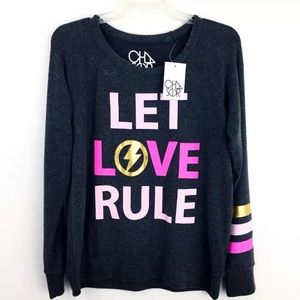 NWT CHASER LET LOVE RULE GREY PINK GOLD SWEATER